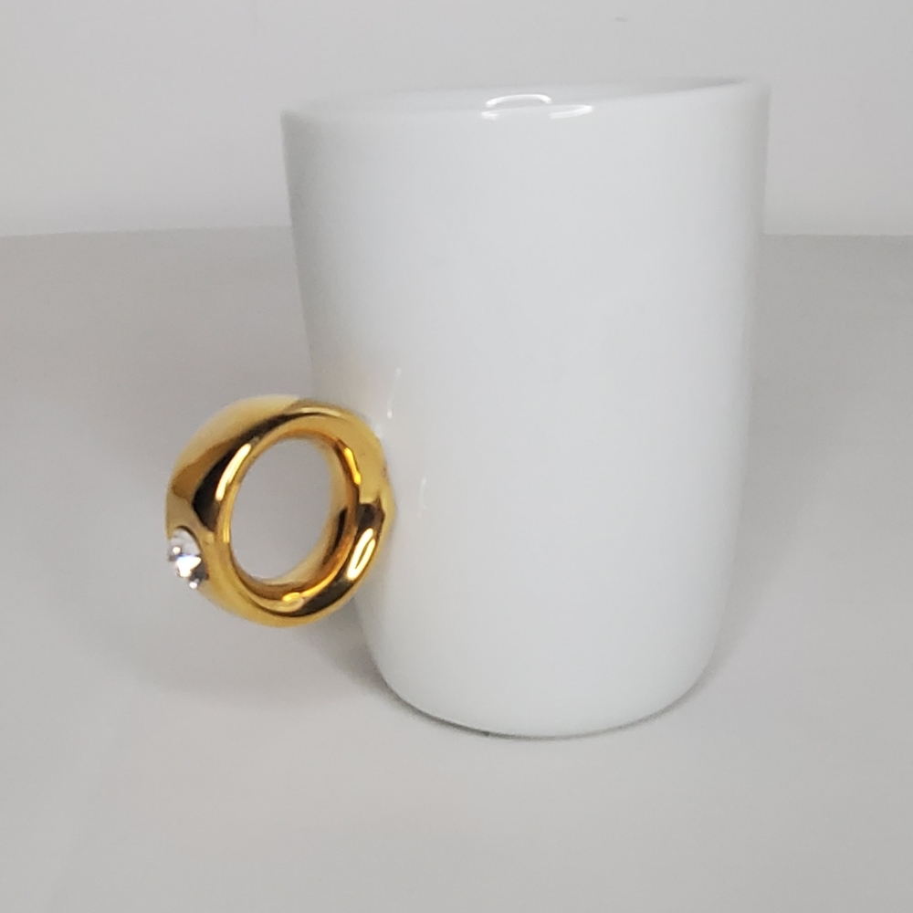 FLOYD 4"high x 3"diameter White /Gold Ring w/swaroski Crystal Ceramic Coffee Mug - Picture 2 of 8